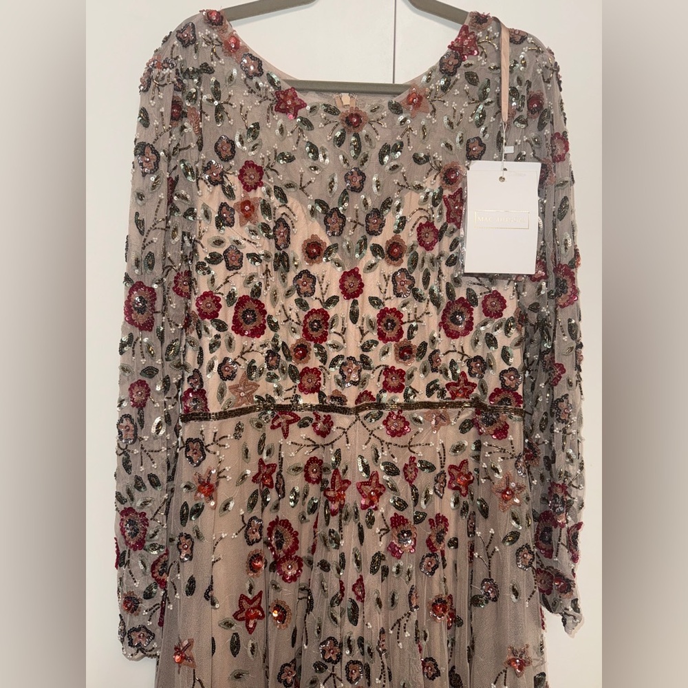 NWT | Mac Duggal Cream Maxi Dress with Long Sleeves & Floral Embroidery Size 16 - Picture 8 of 15